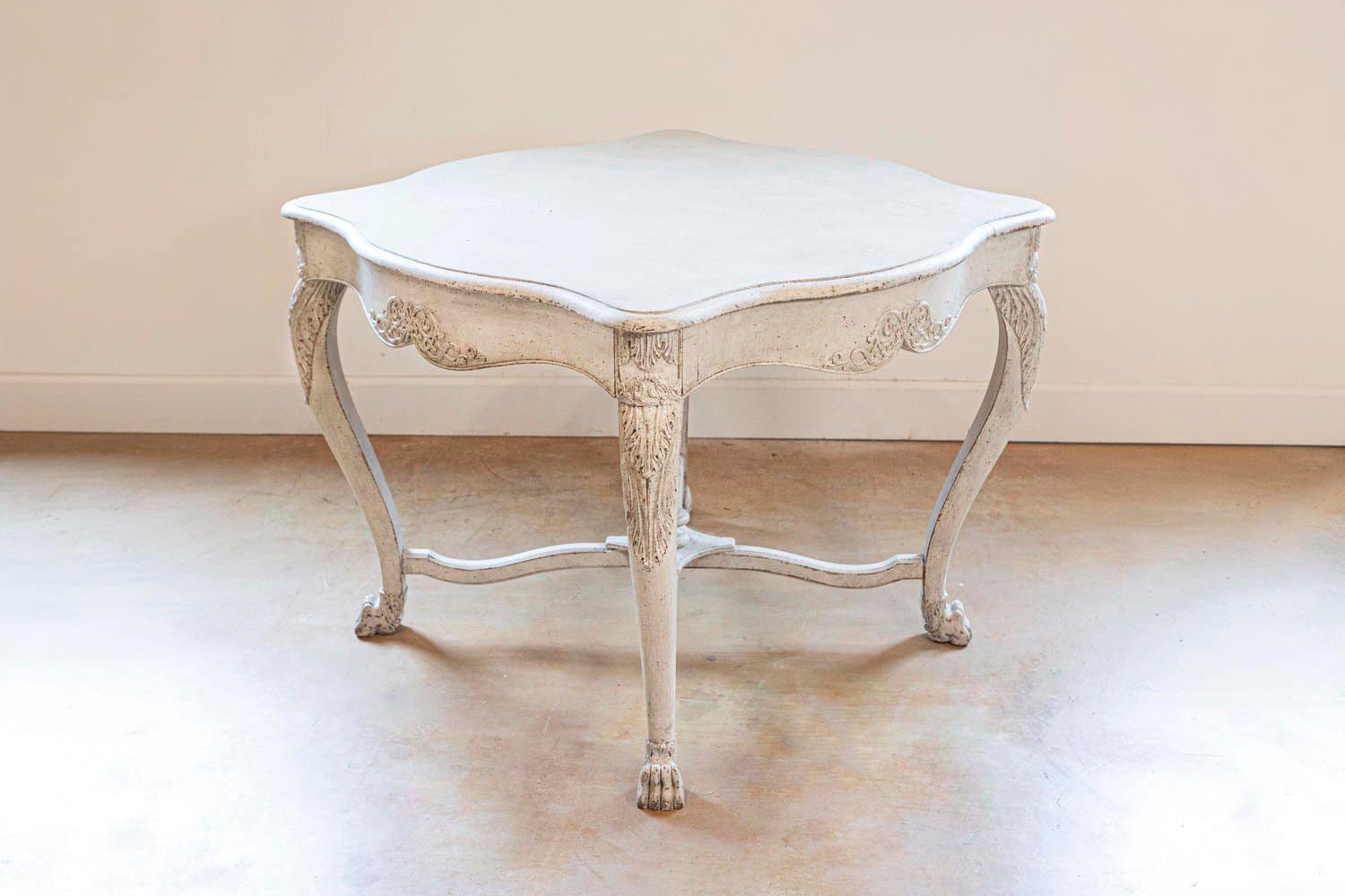 Swedish 1850s Painted Center Table with Carved Volutes and Cross Stretcher - JAA