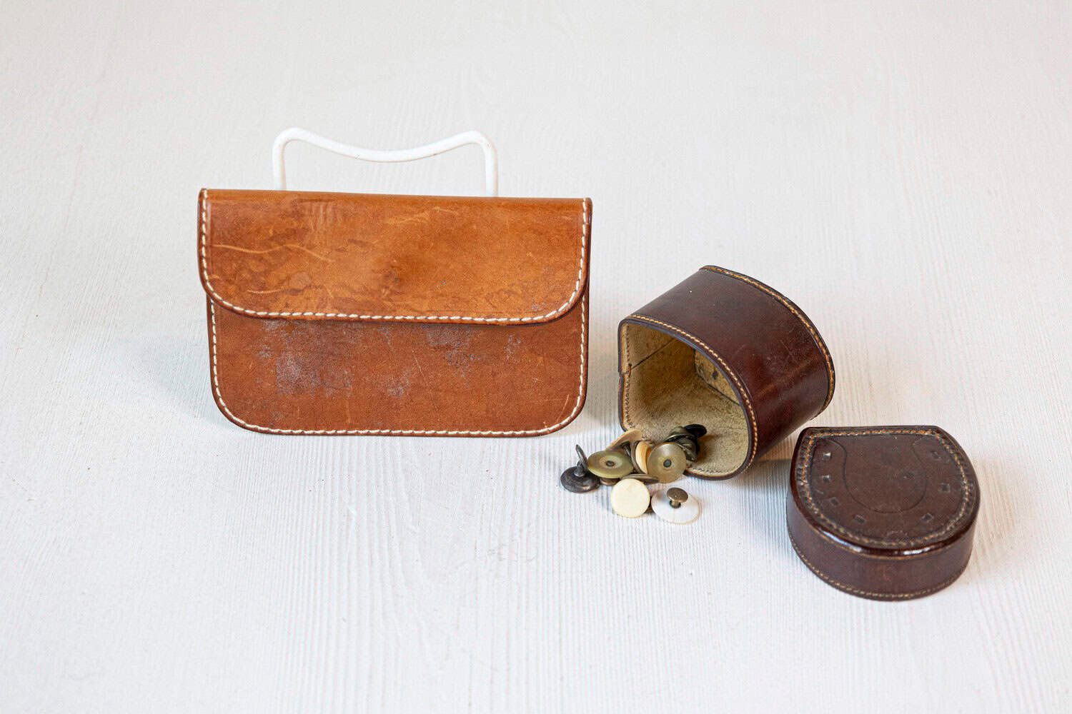 English Victorian Period 19th Century Brown Leather Case with Button Box - JAA