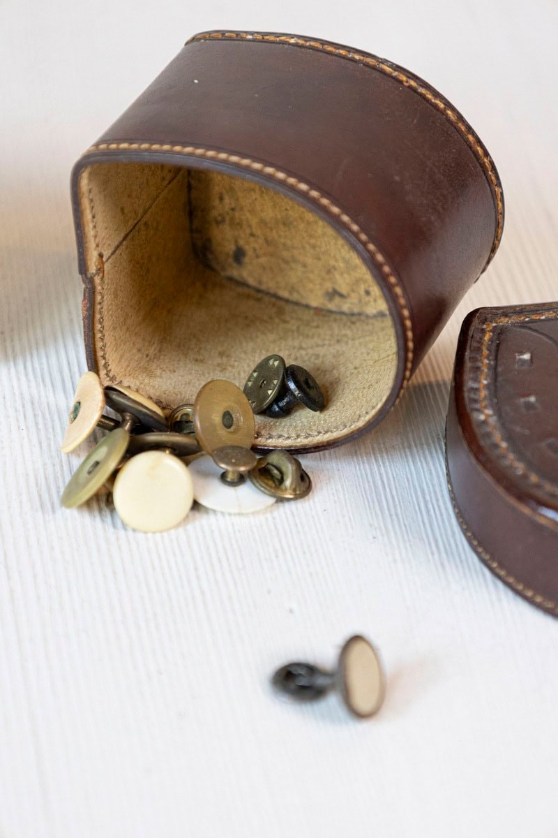 English Victorian Period 19th Century Brown Leather Case with Button Box - JAA