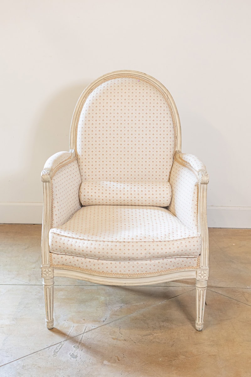 Pair of French Louis XVI Style Painted Bergères Chairs with Oval Shaped Backs - JAA