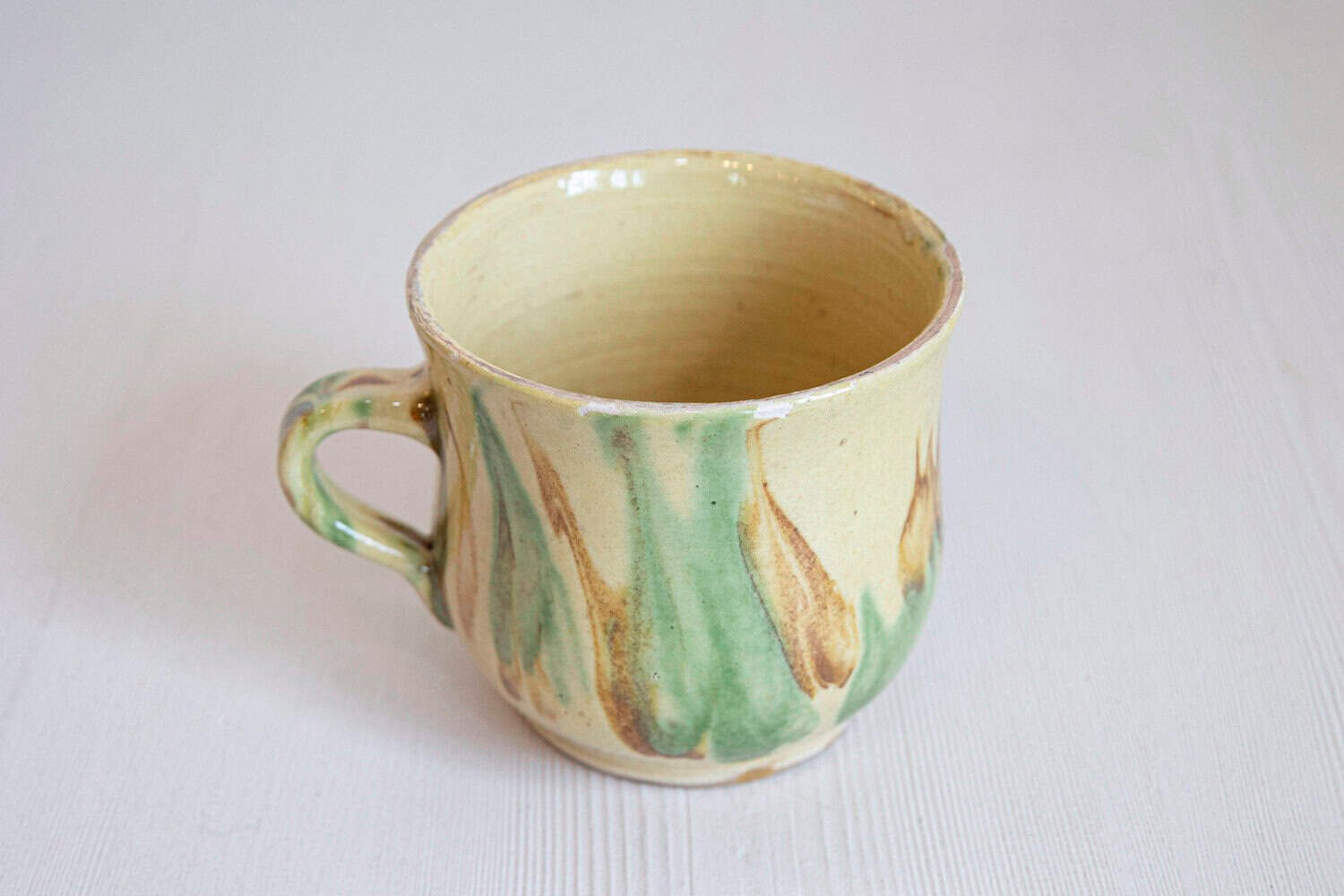 Rustic French 19th Century Pottery Mug with Yellow, Green and Rust Glaze - JAA