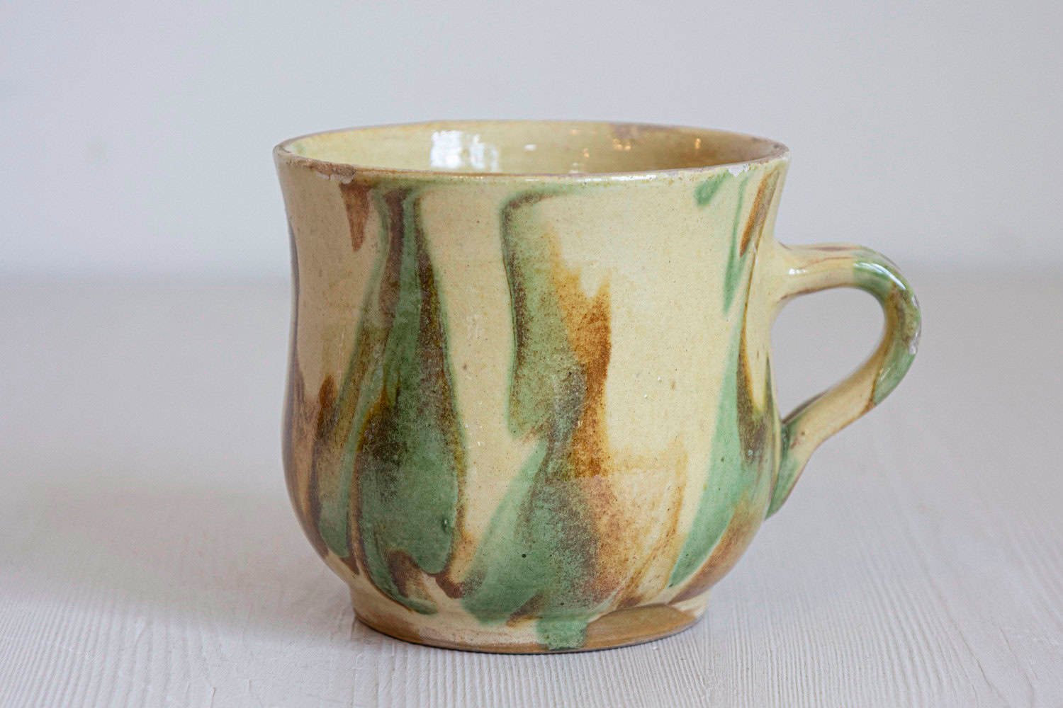 Rustic French 19th Century Pottery Mug with Yellow, Green and Rust Glaze - JAA