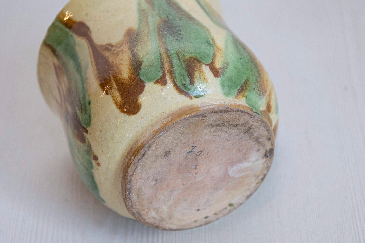 Rustic French 19th Century Pottery Mug with Yellow, Green and Rust Glaze - JAA