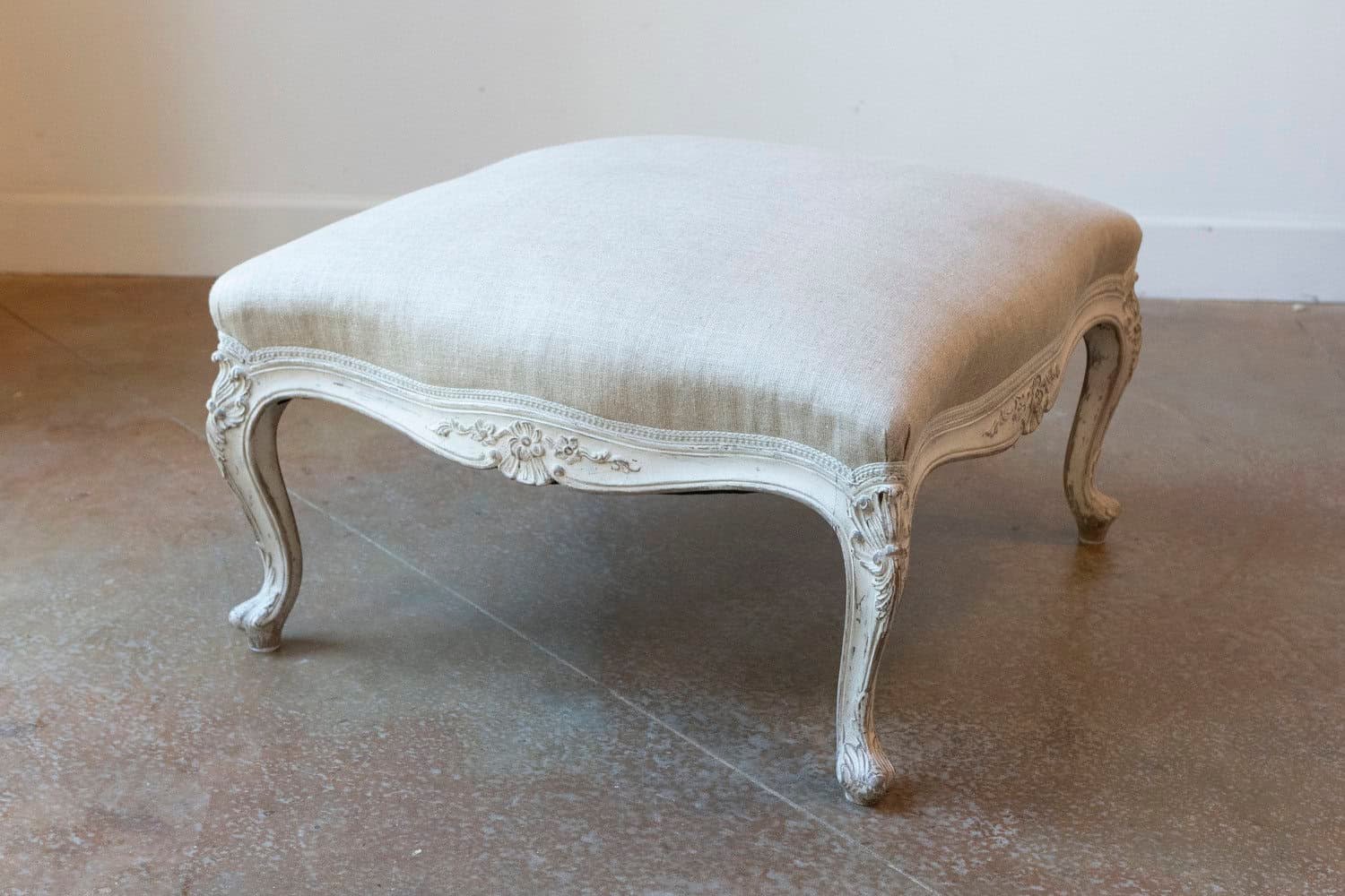 Swedish 19th Century Rococo Style Painted Upholstered Stool with Carved Shells - JAA