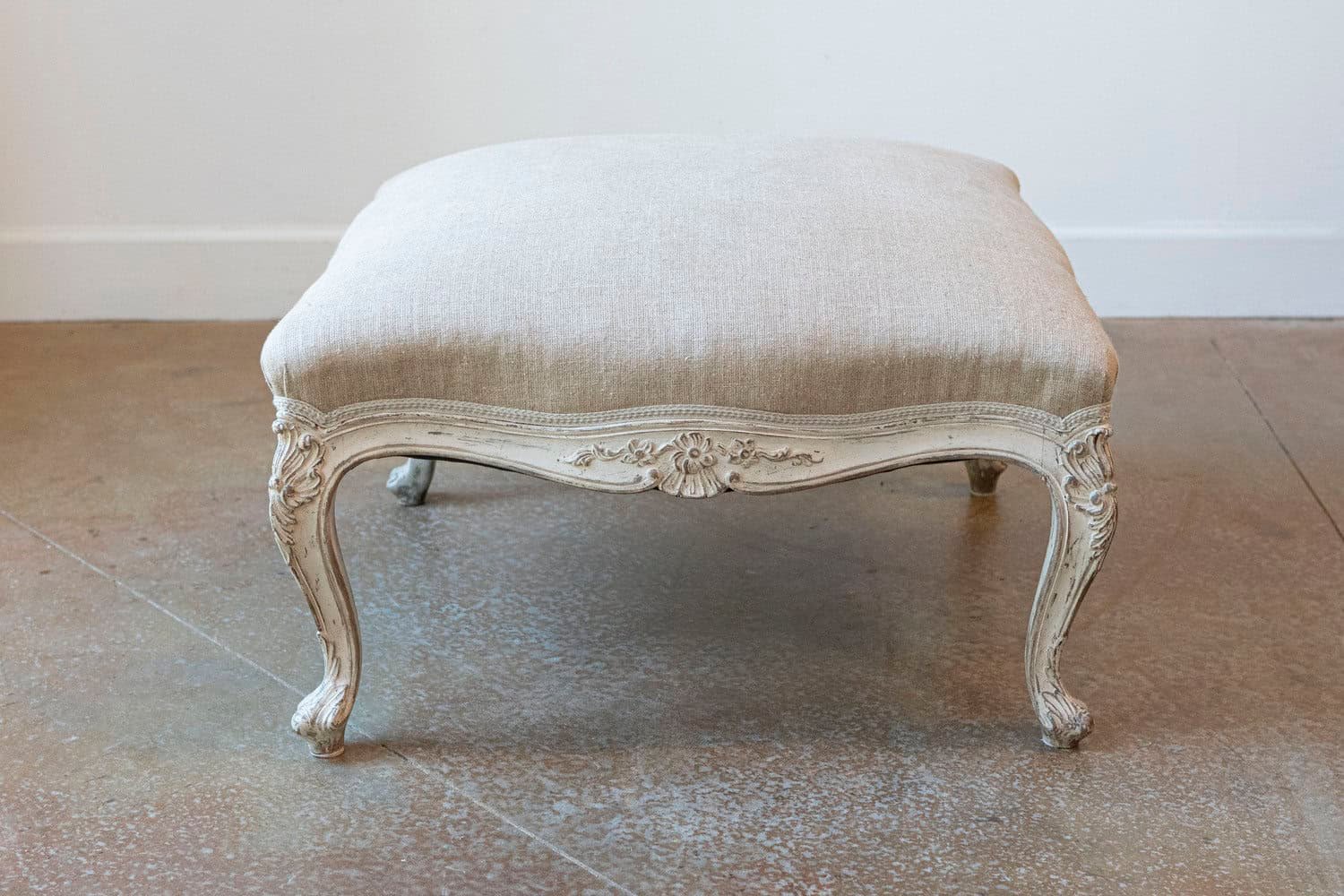 Swedish 19th Century Rococo Style Painted Upholstered Stool with Carved Shells - JAA