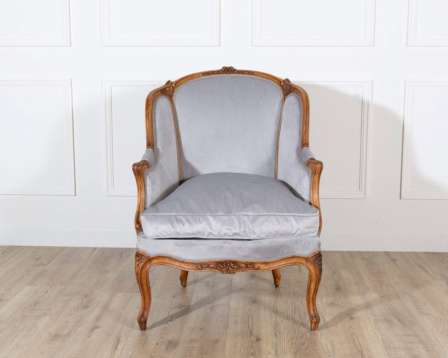 Pair of Louis XV-Style Beech Gondola Armchairs in Gray Velvet, 20th Century - JAA