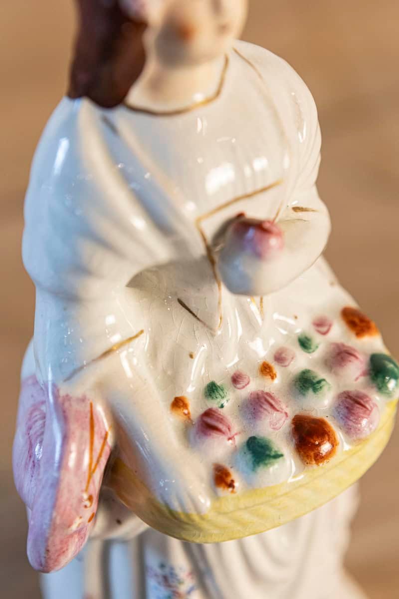 Petite English Porcelain Decorative Object Depicting a Lady with a Floral Basket - JAA