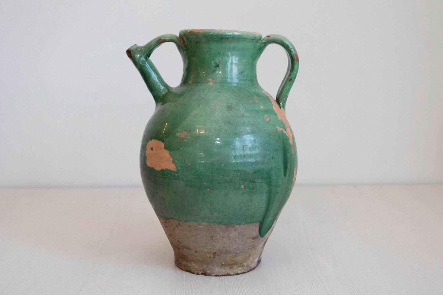French Provincial 19th Century Distressed Green Glazed Pottery Jug with Spout - JAA