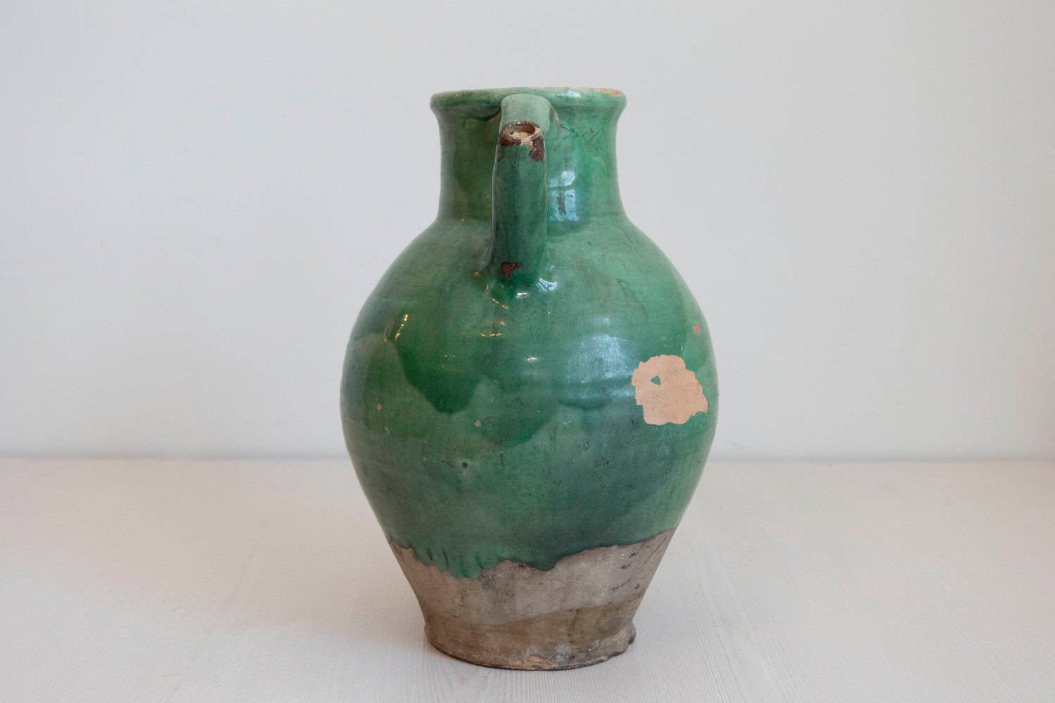 French Provincial 19th Century Distressed Green Glazed Pottery Jug with Spout - JAA