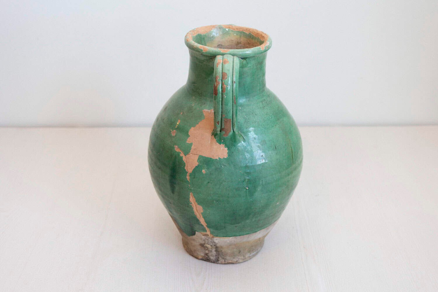 French Provincial 19th Century Distressed Green Glazed Pottery Jug with Spout - JAA