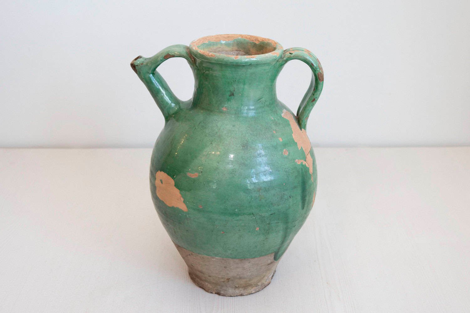 French Provincial 19th Century Distressed Green Glazed Pottery Jug with Spout - JAA