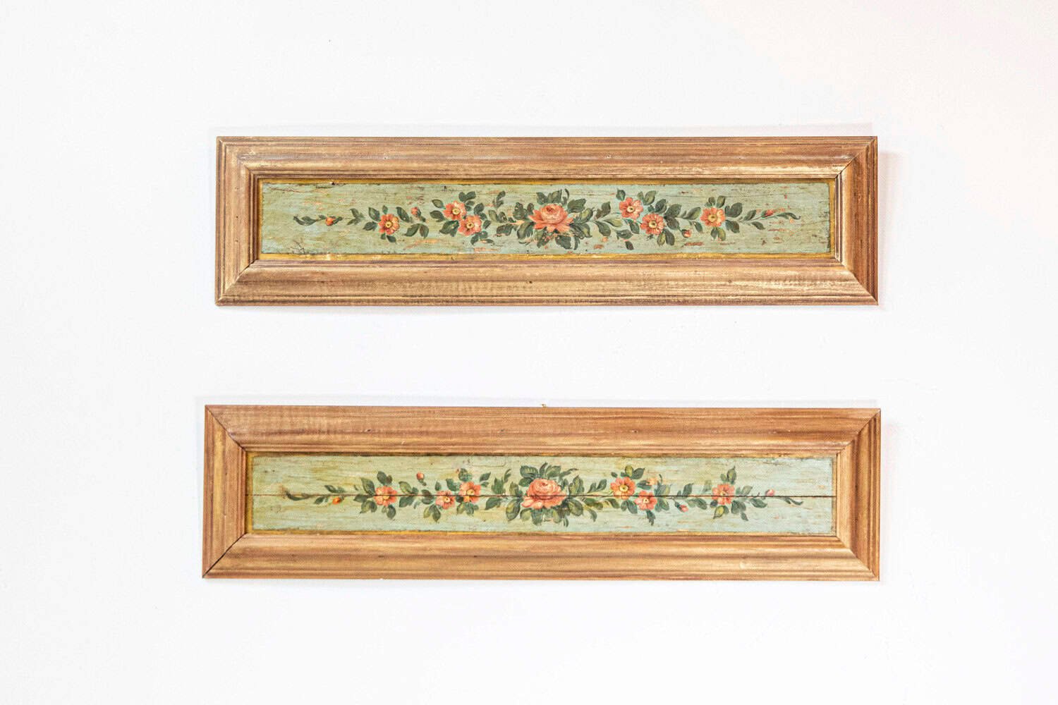 Pair of Decorative 19th Century Floral Painted Panels With New Distressed Frames - JAA
