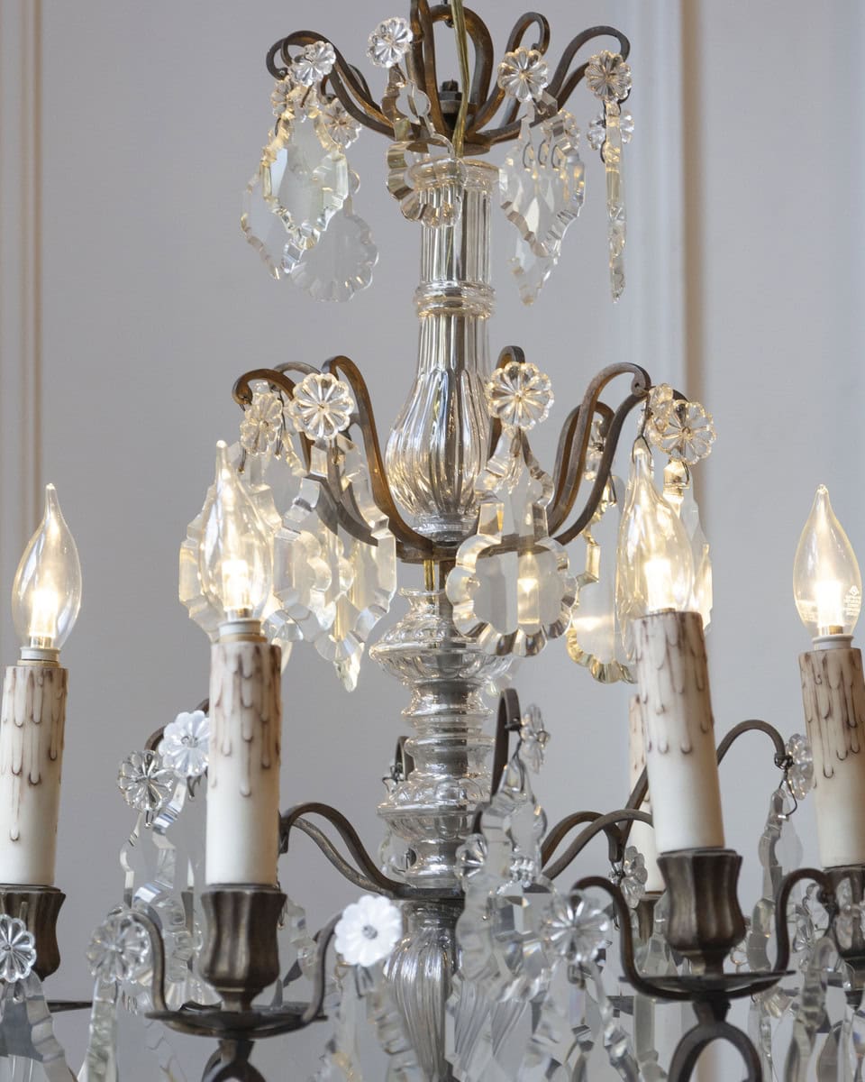 40% OFF at Checkout. French 19th Century Six-Light Crystal Chandelier with Pendeloques and Rosettes - JAA