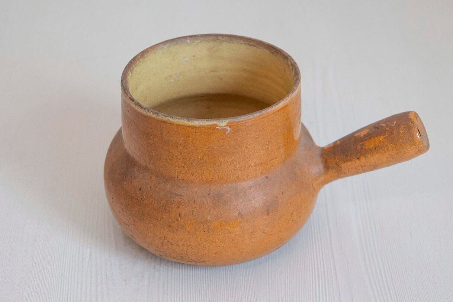 Rustic French 19th Century Pottery Pot with Brown Glaze and Straight Handle - JAA