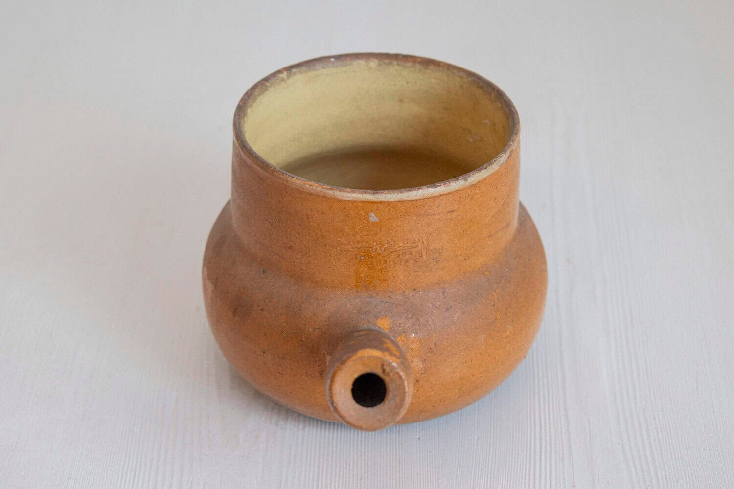 Rustic French 19th Century Pottery Pot with Brown Glaze and Straight Handle - JAA