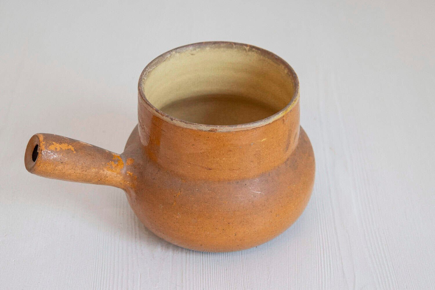 Rustic French 19th Century Pottery Pot with Brown Glaze and Straight Handle - JAA