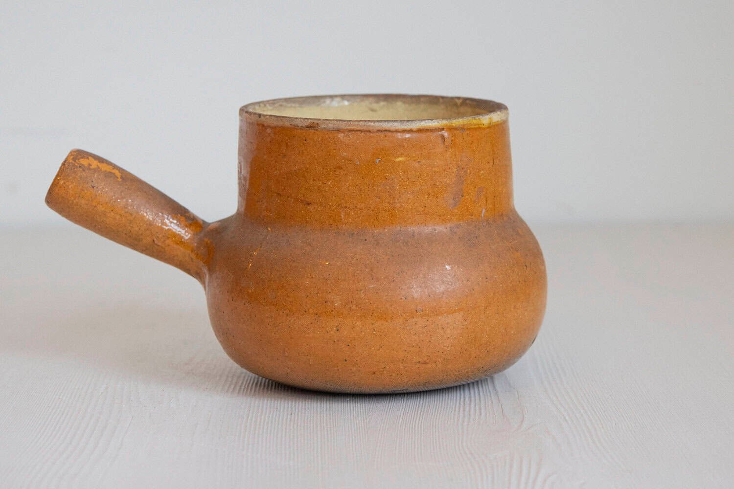 Rustic French 19th Century Pottery Pot with Brown Glaze and Straight Handle - JAA