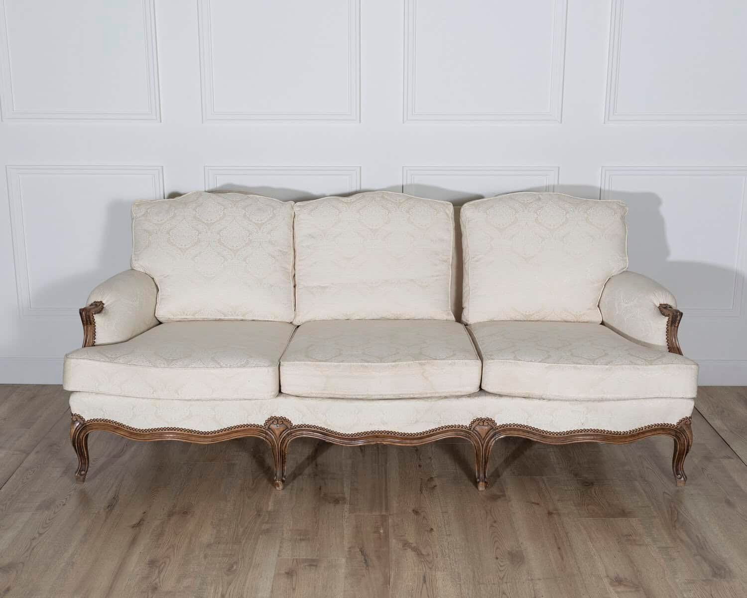 Louis XV Style Carved Walnut Sofa with Cream Damask Upholstery - JAA