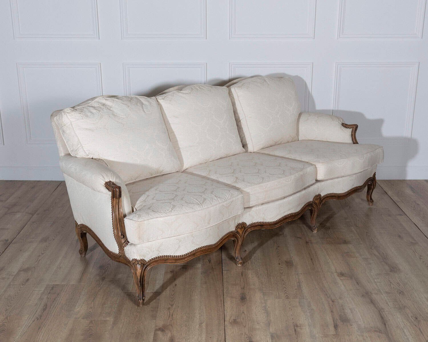 Louis XV Style Carved Walnut Sofa with Cream Damask Upholstery - JAA