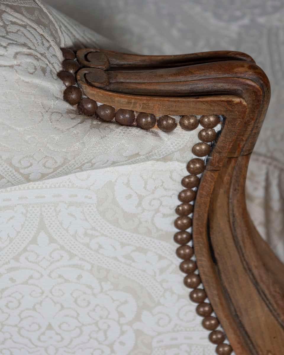 Louis XV Style Carved Walnut Sofa with Cream Damask Upholstery - JAA