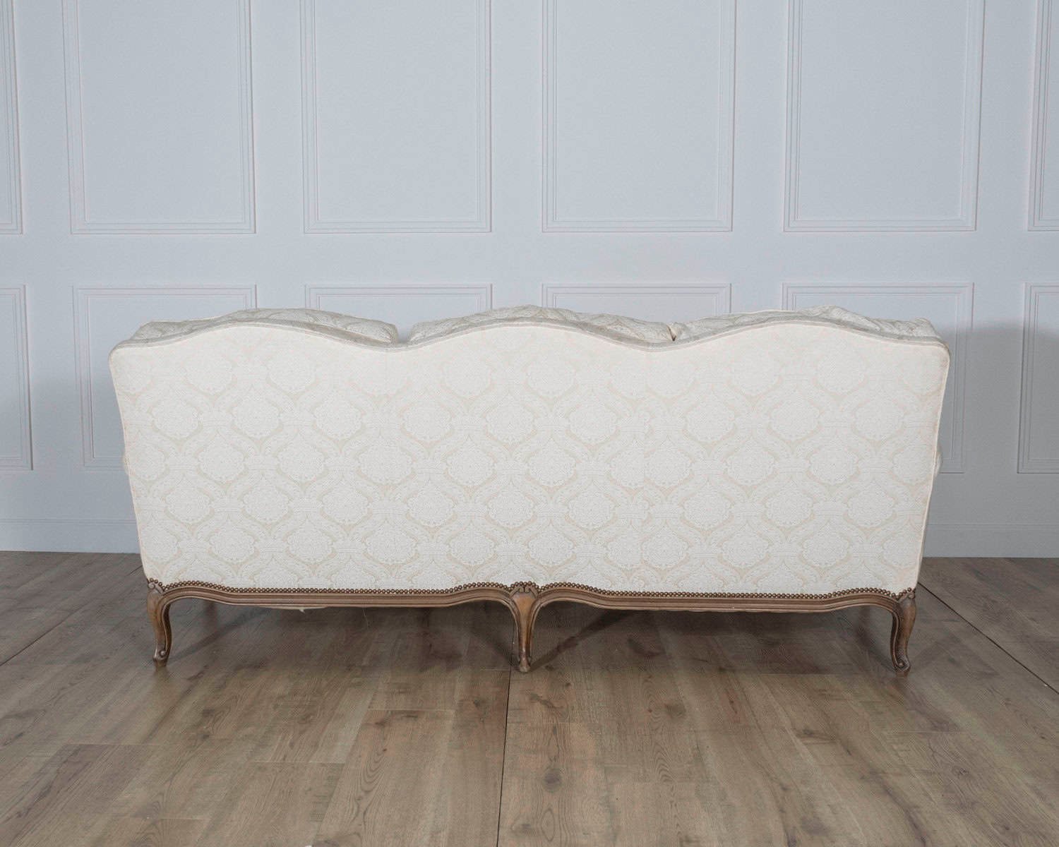Louis XV Style Carved Walnut Sofa with Cream Damask Upholstery - JAA