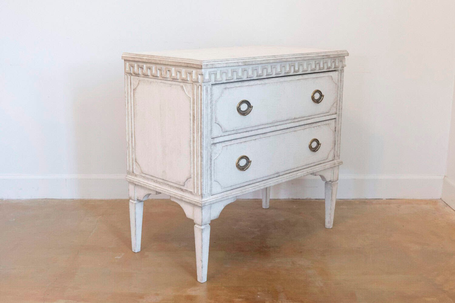 ON HOLD - Gustavian Style 19th Century Painted Swedish Chests with Carved Greek Key Frieze - JAA