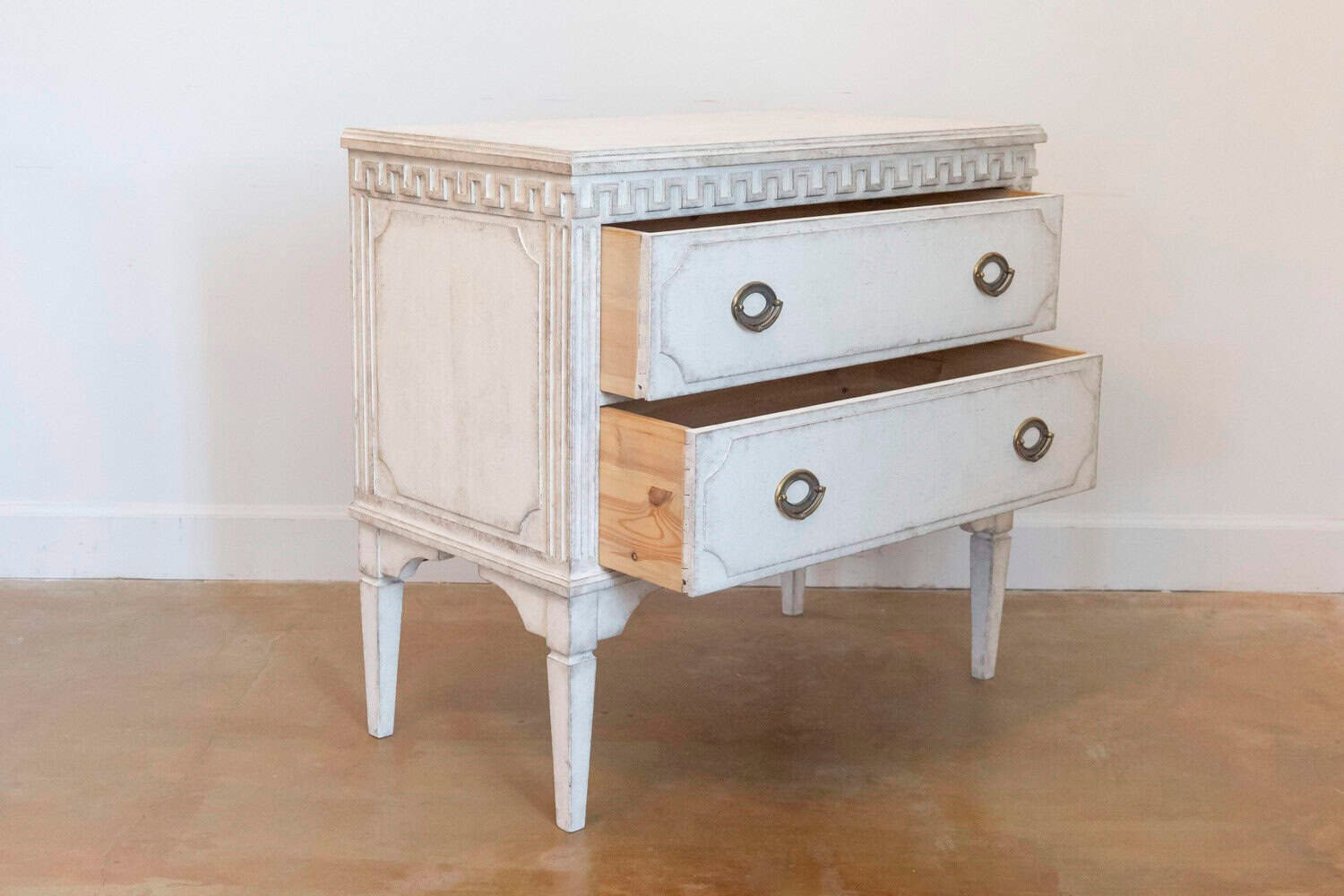 ON HOLD - Gustavian Style 19th Century Painted Swedish Chests with Carved Greek Key Frieze - JAA