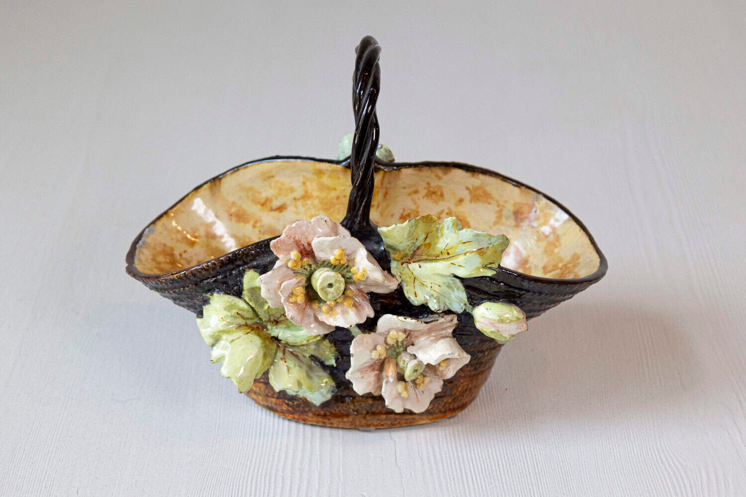 French Ecole de Fontainebleau Barbotine Jardinière Basket with Floral Décor - JAA