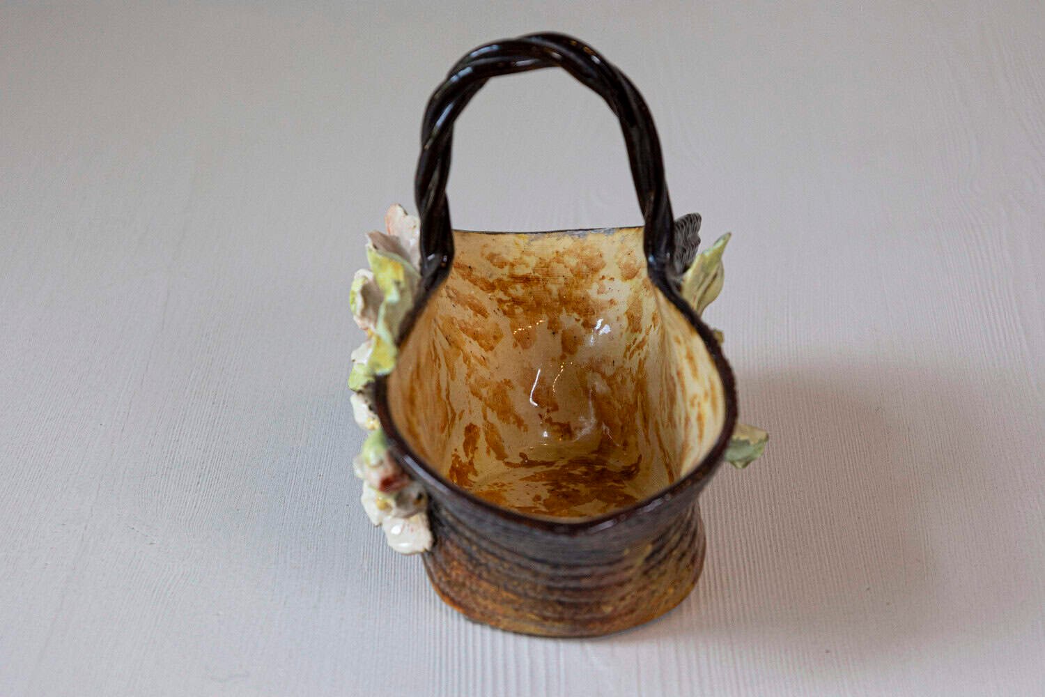 French Ecole de Fontainebleau Barbotine Jardinière Basket with Floral Décor - JAA