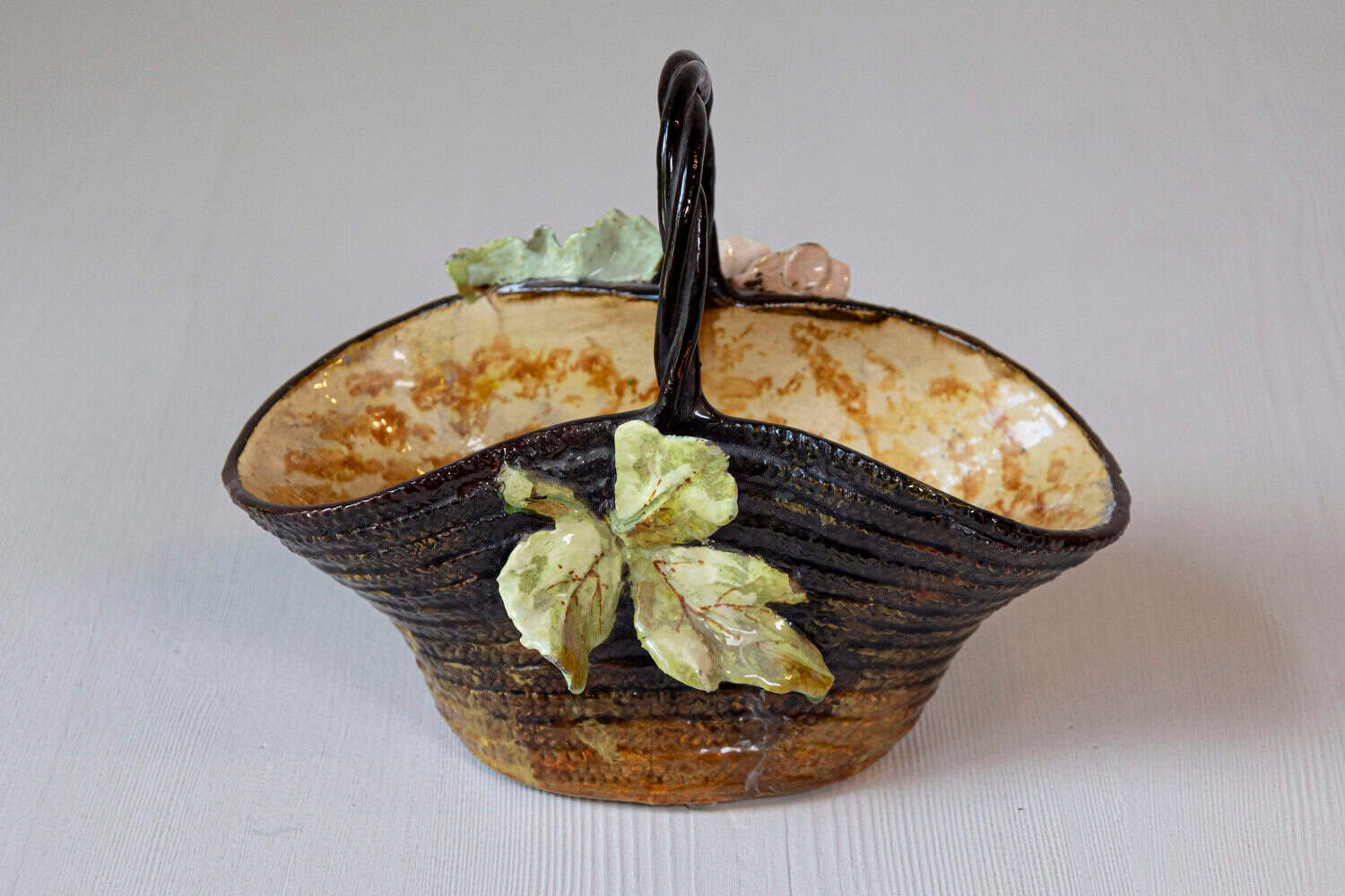 French Ecole de Fontainebleau Barbotine Jardinière Basket with Floral Décor - JAA