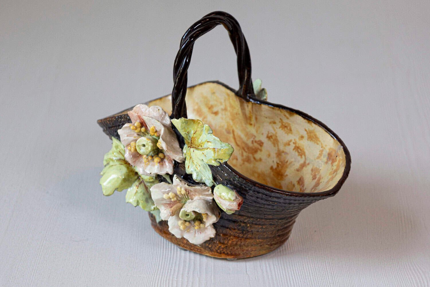 French Ecole de Fontainebleau Barbotine Jardinière Basket with Floral Décor - JAA