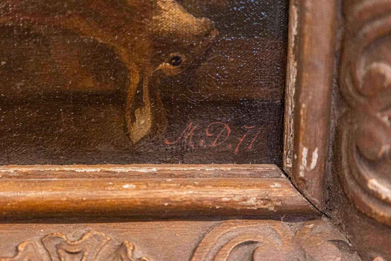 French 19th Century Framed Still-life Floral Painting with Dog and Rabbit Motifs - JAA