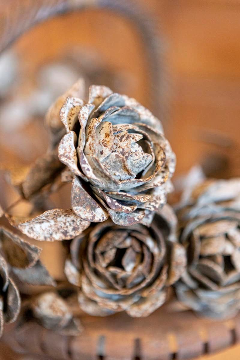 French Wrought Iron 19th Century Rose Basket Ornament with Gray Painted Accents - JAA