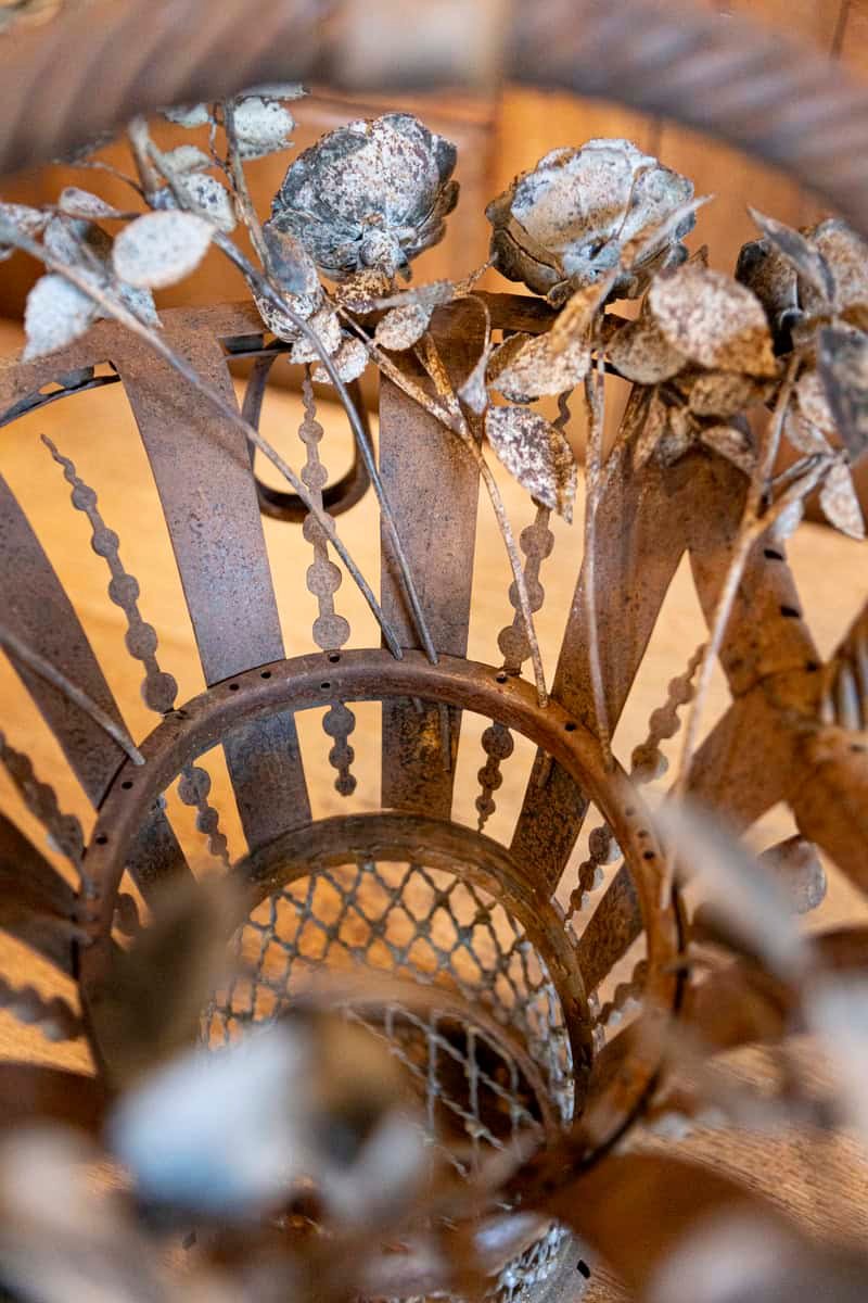 French Wrought Iron 19th Century Rose Basket Ornament with Gray Painted Accents - JAA