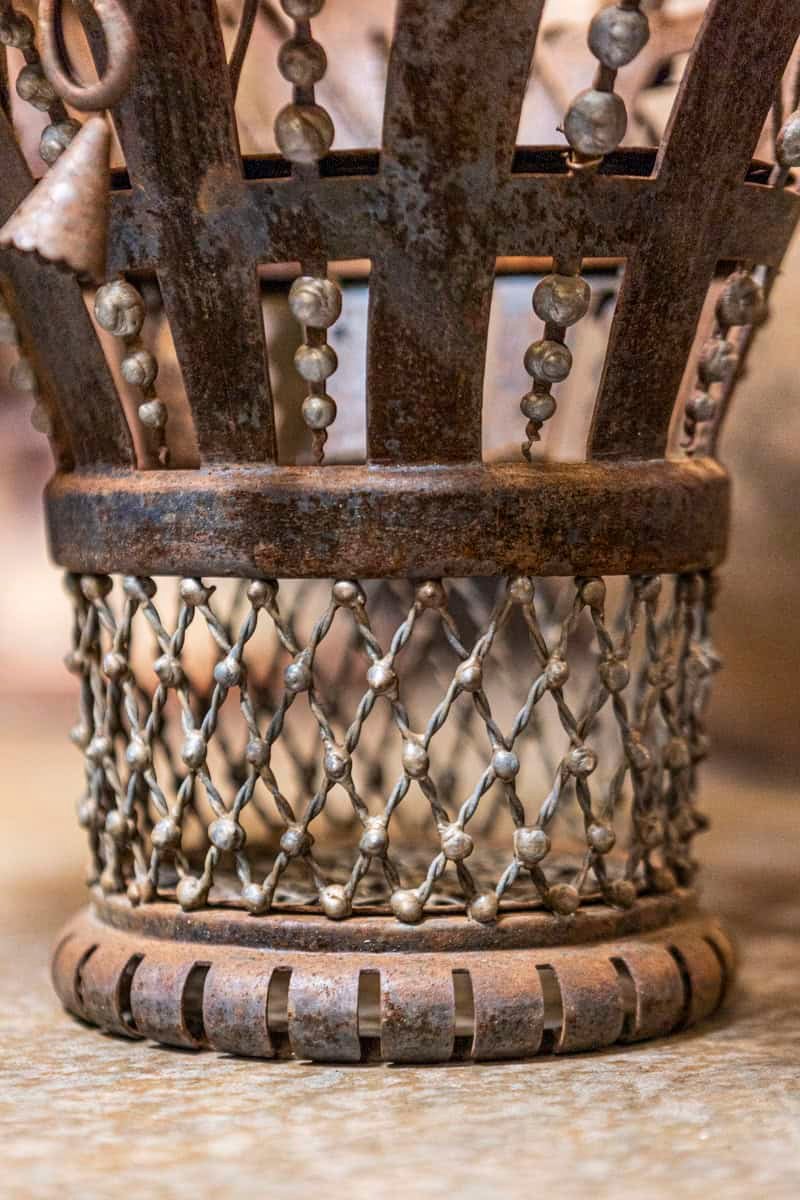 French Wrought Iron 19th Century Rose Basket Ornament with Gray Painted Accents - JAA