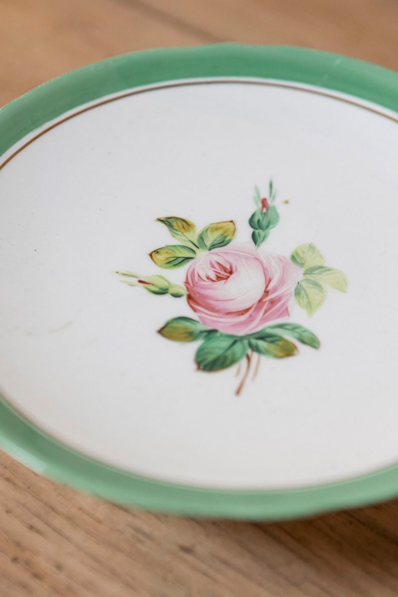 English Victorian 1880s Floral Compote with Pink Roses, Green and Gold Trim - JAA
