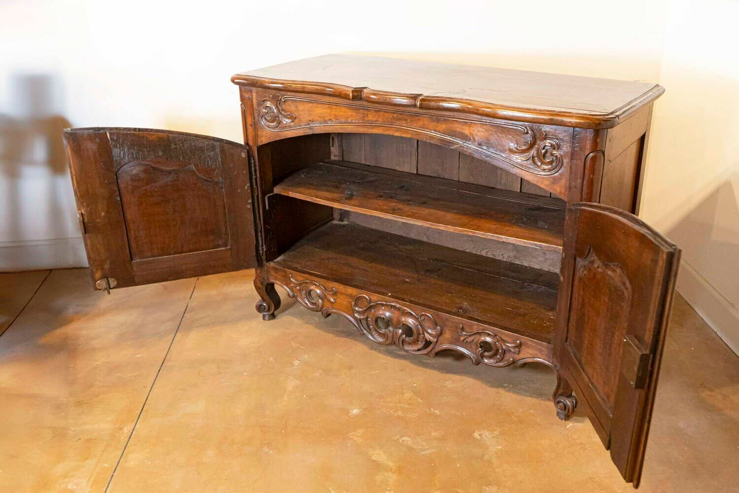 Period Regence French 1720s Walnut Two-Door Buffet with Carved and Pierced Skirt - JAA