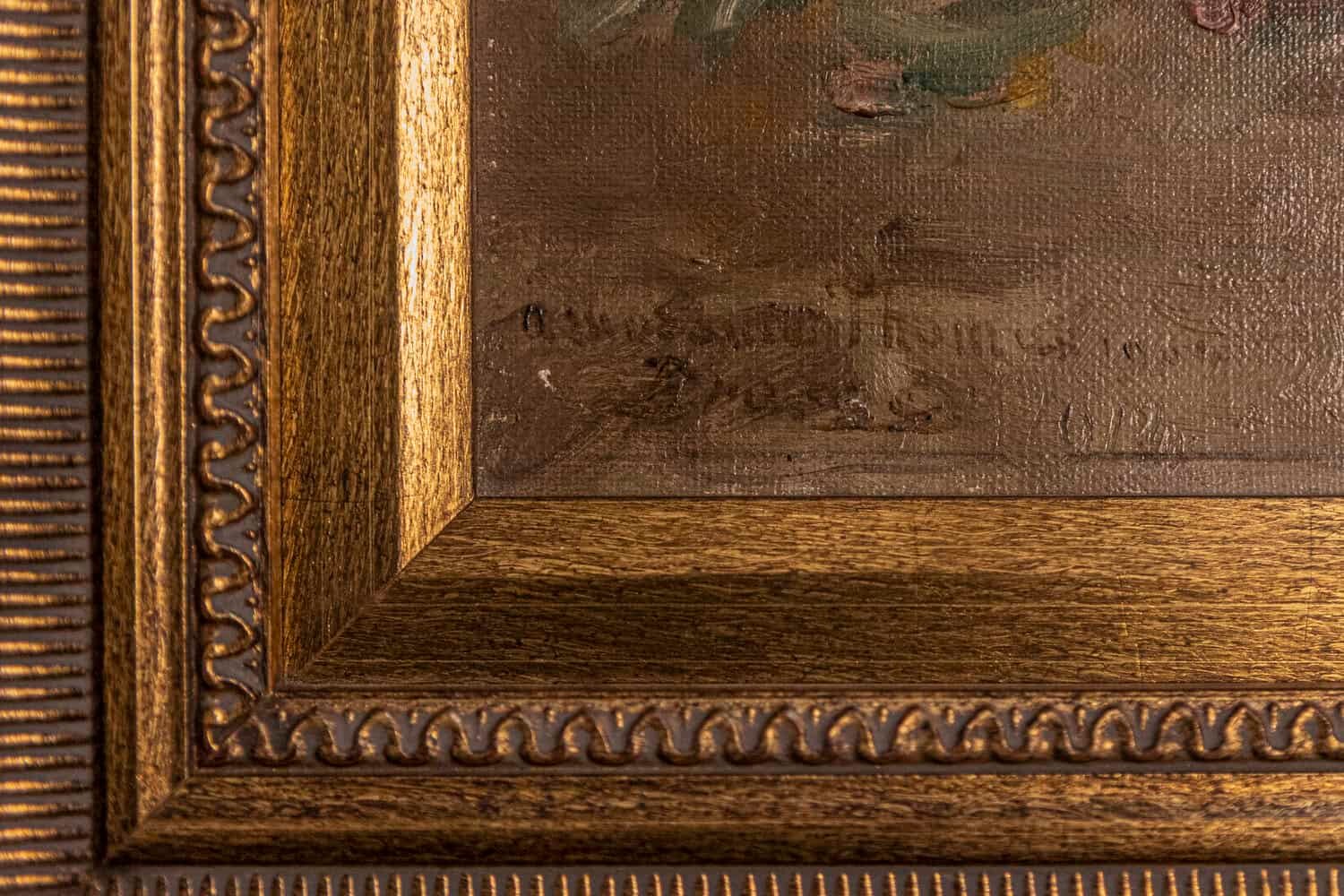 French 19th Century Framed Oil on Canvas Still-Life Painting with Pink Bouquet - JAA