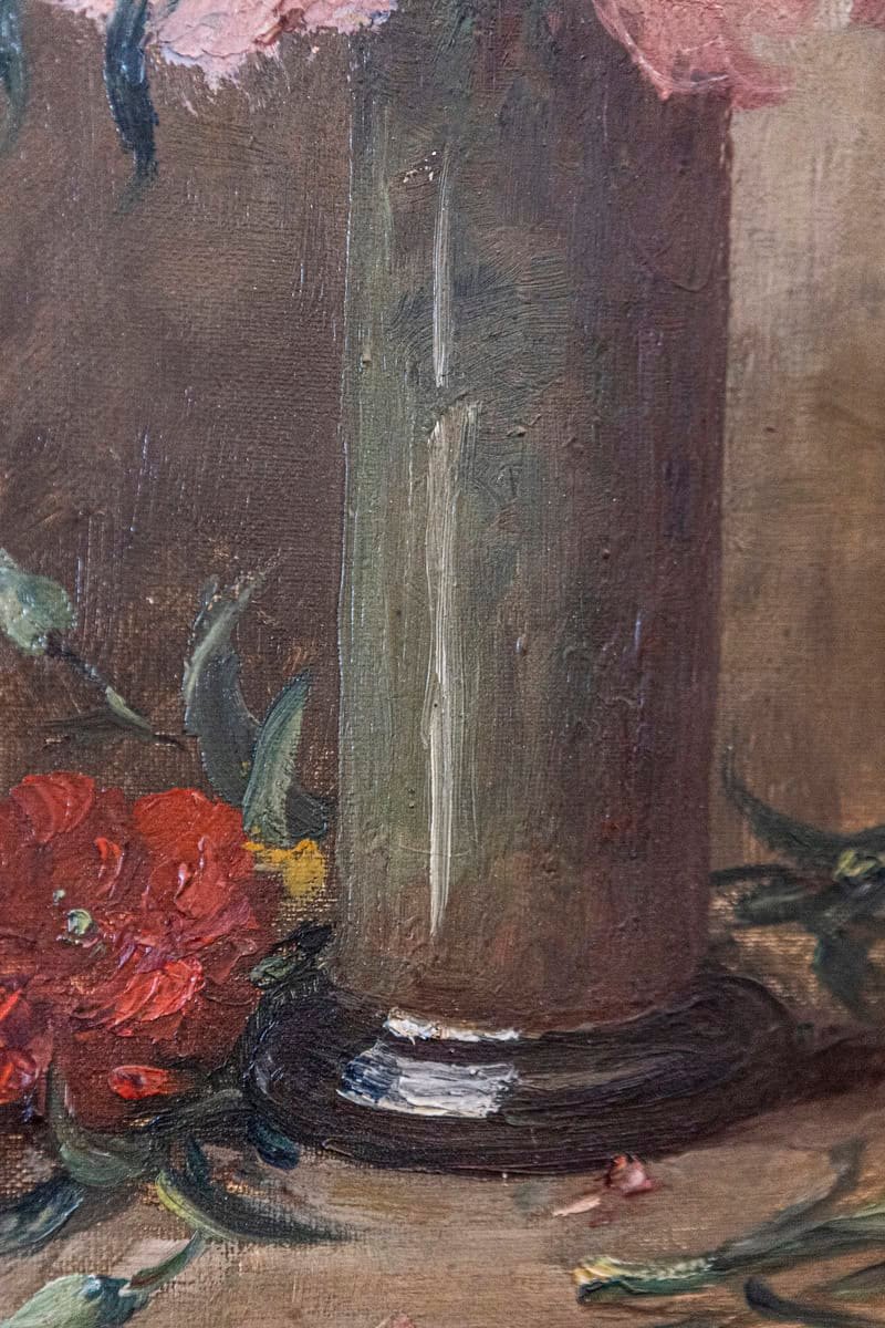 French 19th Century Framed Oil on Canvas Still-Life Painting with Pink Bouquet - JAA