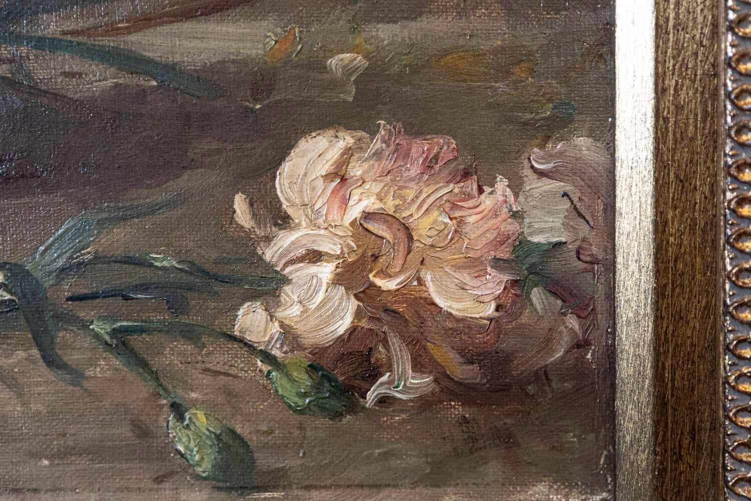 French 19th Century Framed Oil on Canvas Still-Life Painting with Pink Bouquet - JAA