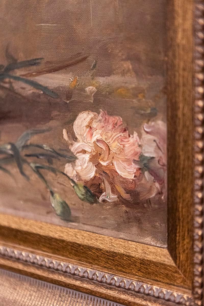 French 19th Century Framed Oil on Canvas Still-Life Painting with Pink Bouquet - JAA