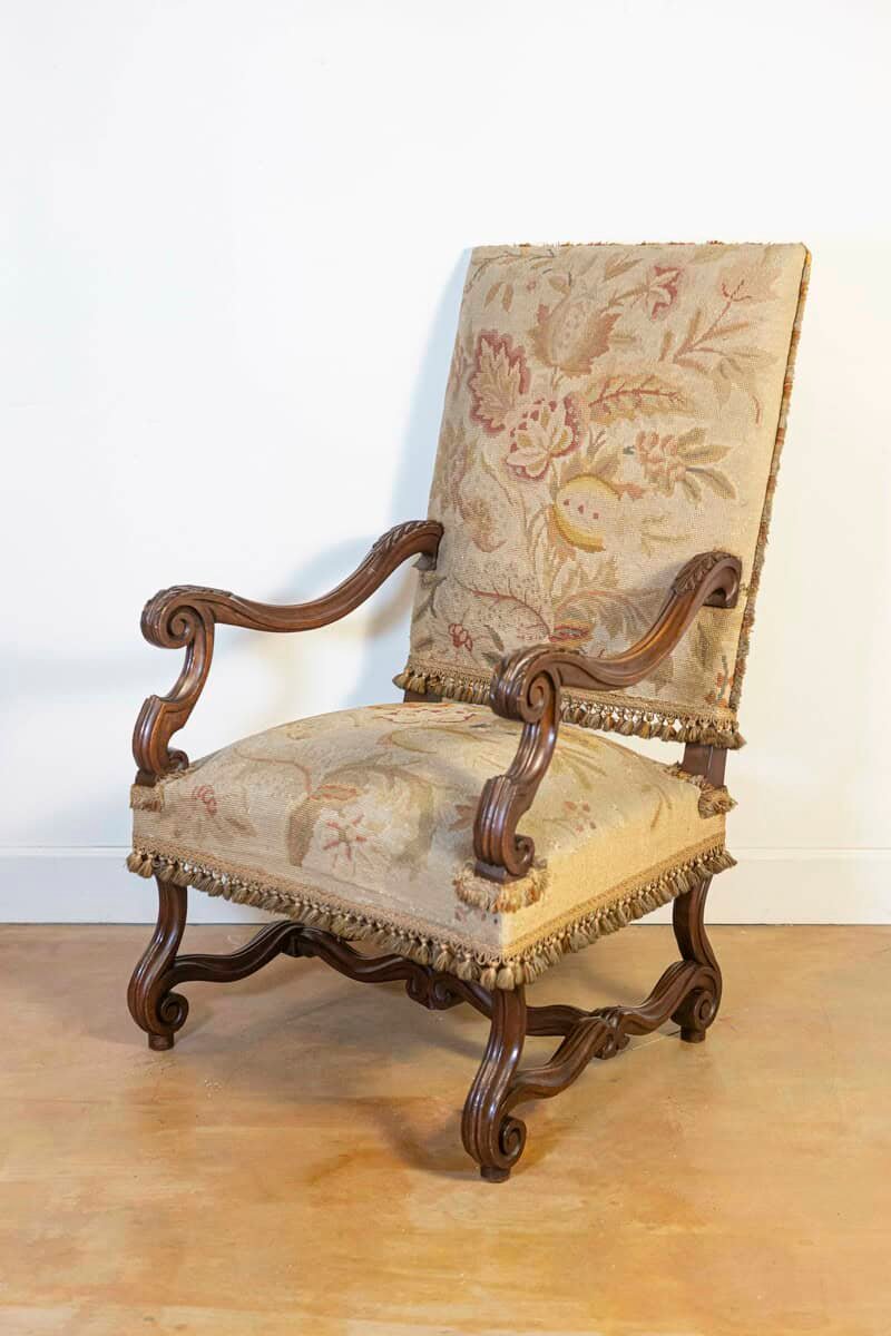 French Louis XIV Style Walnut Fauteuil with Carved Arms and Scrolling Legs - JAA