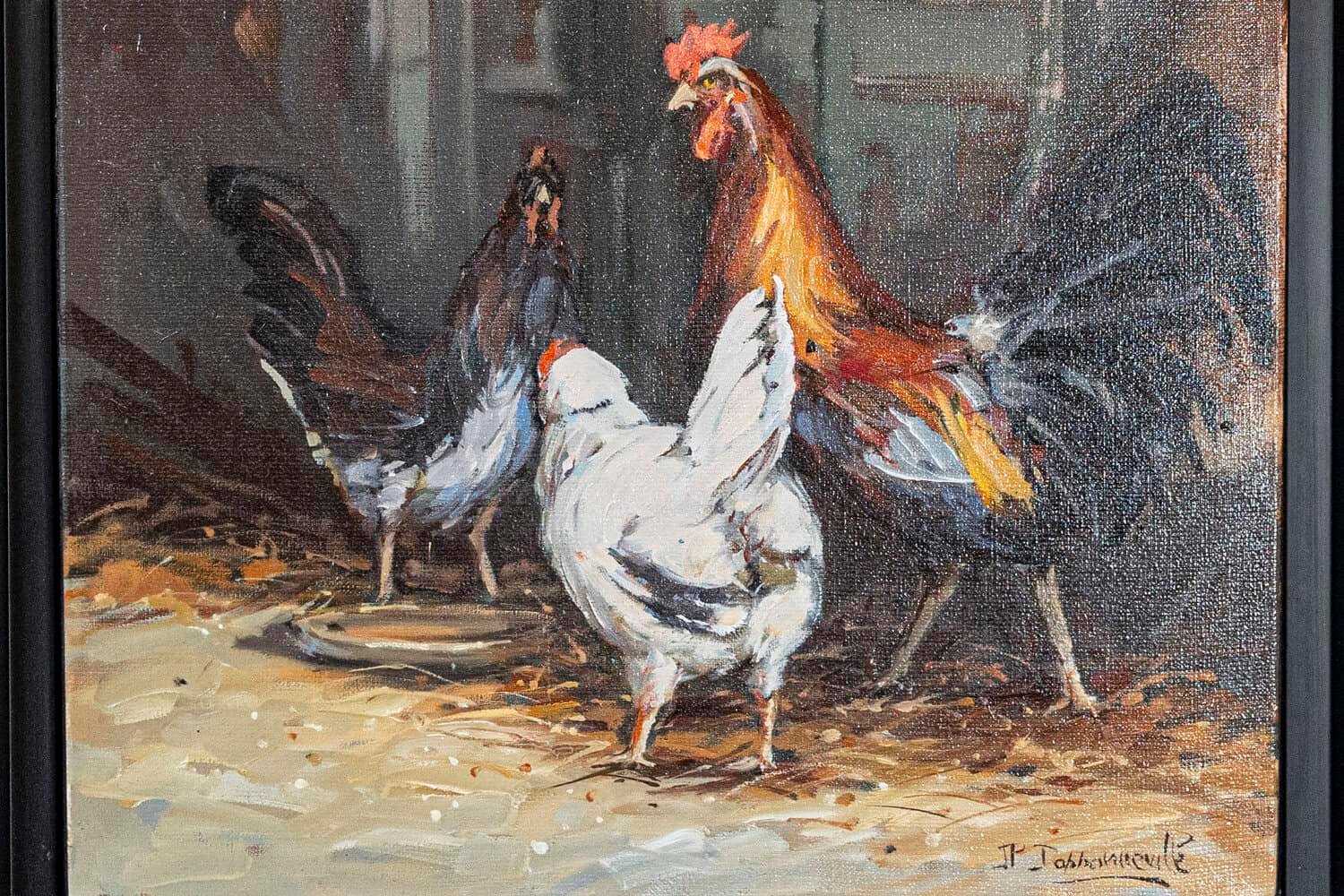 French Late 20th Century Framed and Signed Oil on Canvas Barnyard Scene Painting - JAA