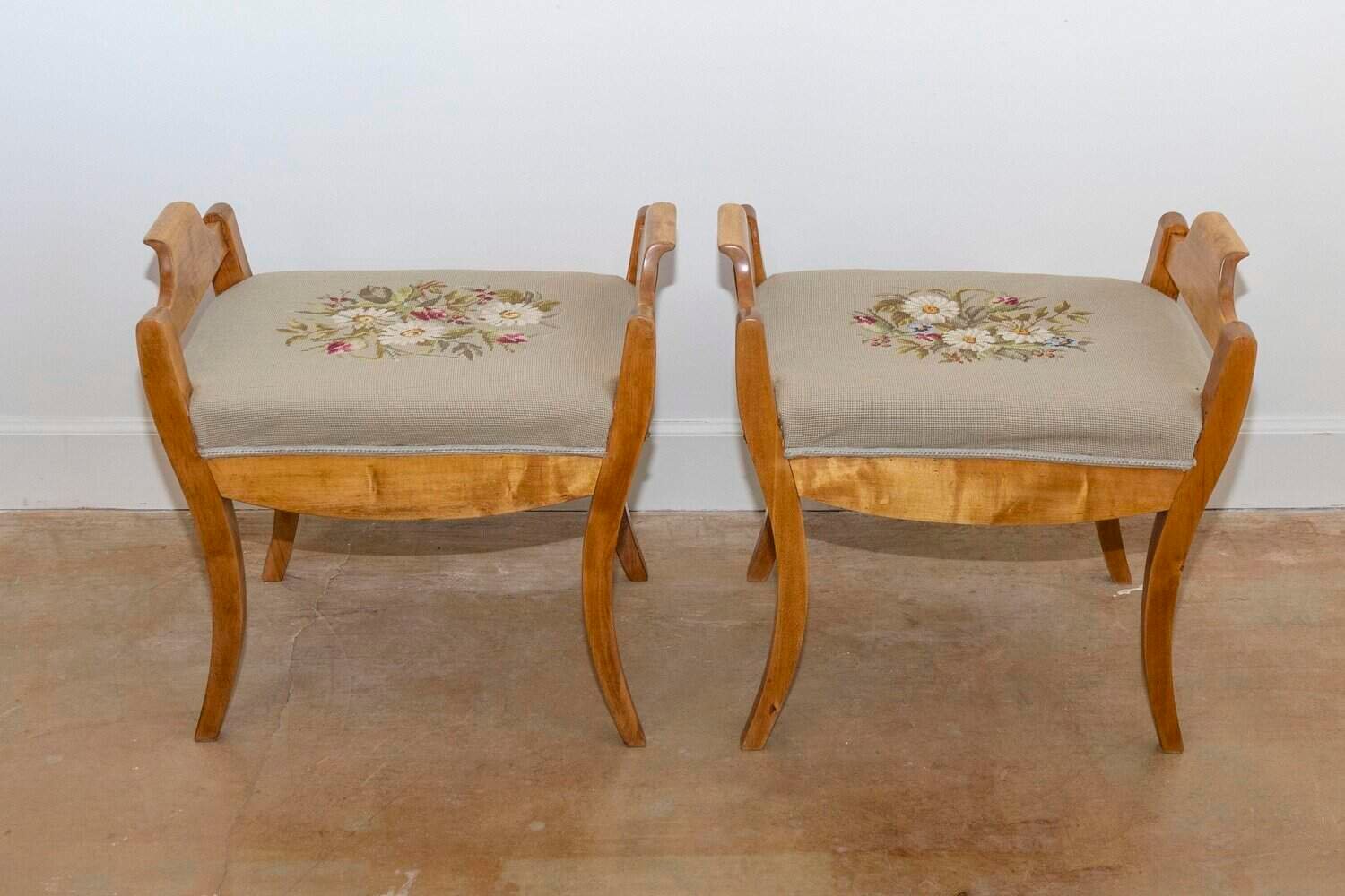 English Turn of the Century Birch Stools with Curving Arms and Saber Legs - JAA