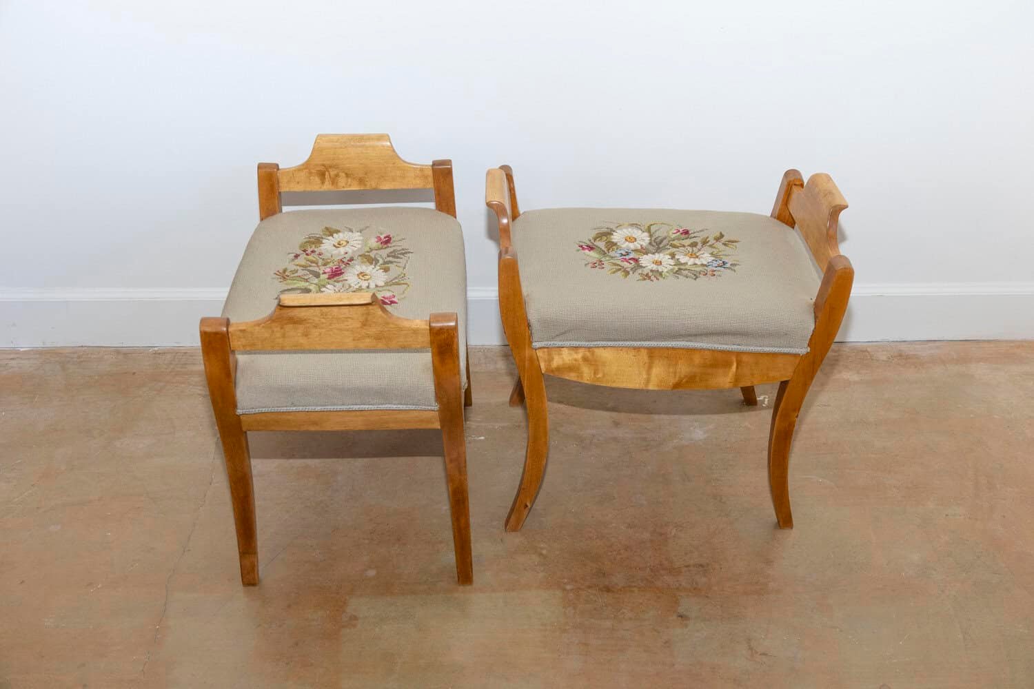 English Turn of the Century Birch Stools with Curving Arms and Saber Legs - JAA