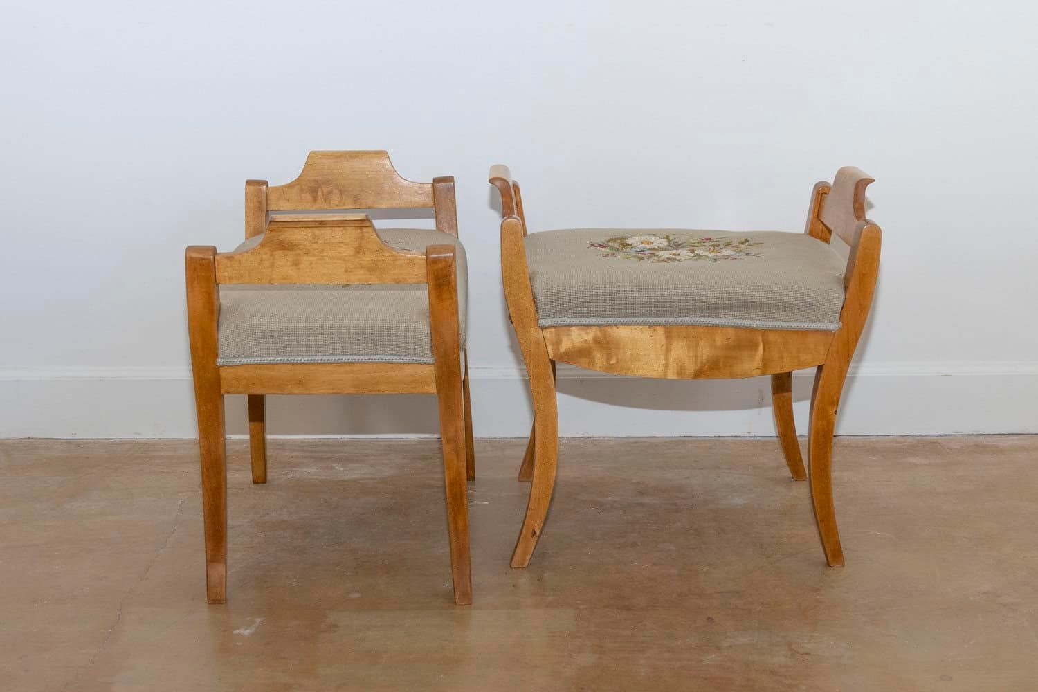 English Turn of the Century Birch Stools with Curving Arms and Saber Legs - JAA