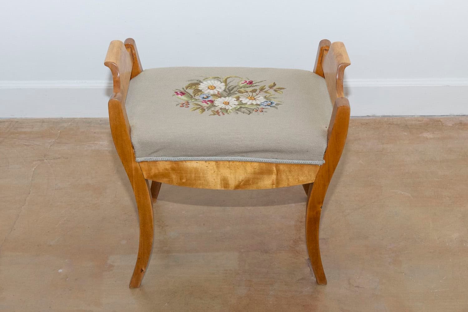 English Turn of the Century Birch Stools with Curving Arms and Saber Legs - JAA