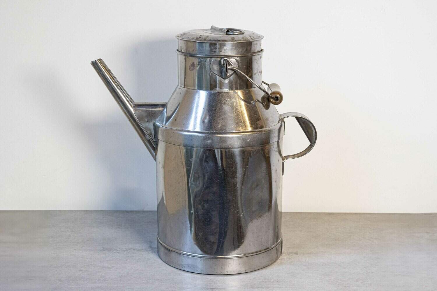 French 19th Century Metal Milk Can with Long Spout and Wooden Handle - JAA