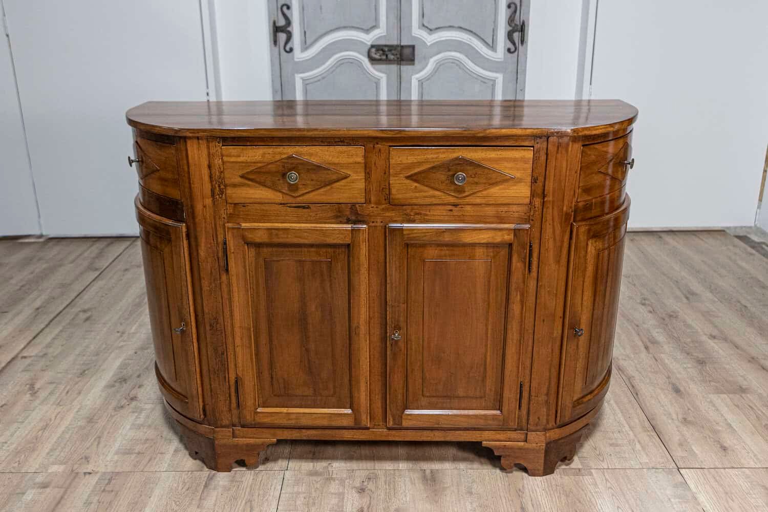 Italian 19th Century Walnut Credenza with Diamond Motifs and Rounded Sides - JAA