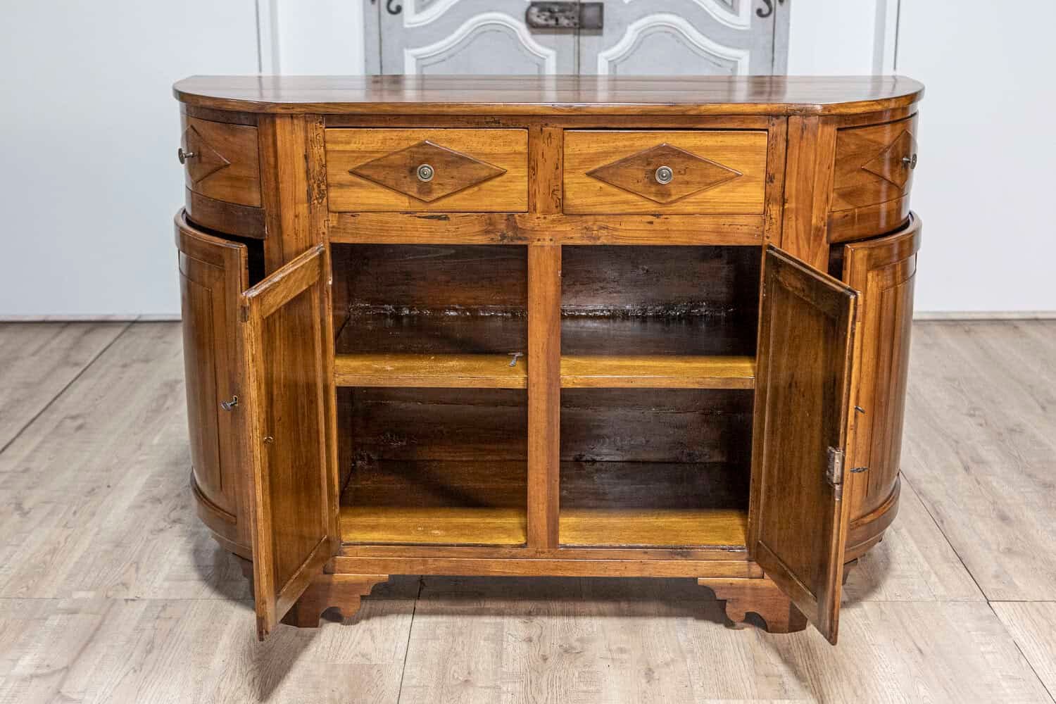 Italian 19th Century Walnut Credenza with Diamond Motifs and Rounded Sides - JAA